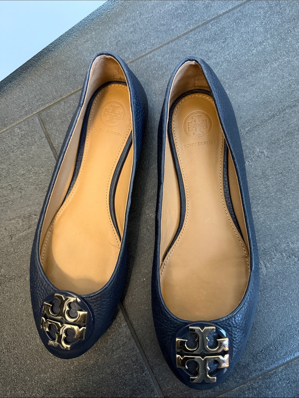 Tory Burch Navy Leather Logo Ballet Flats